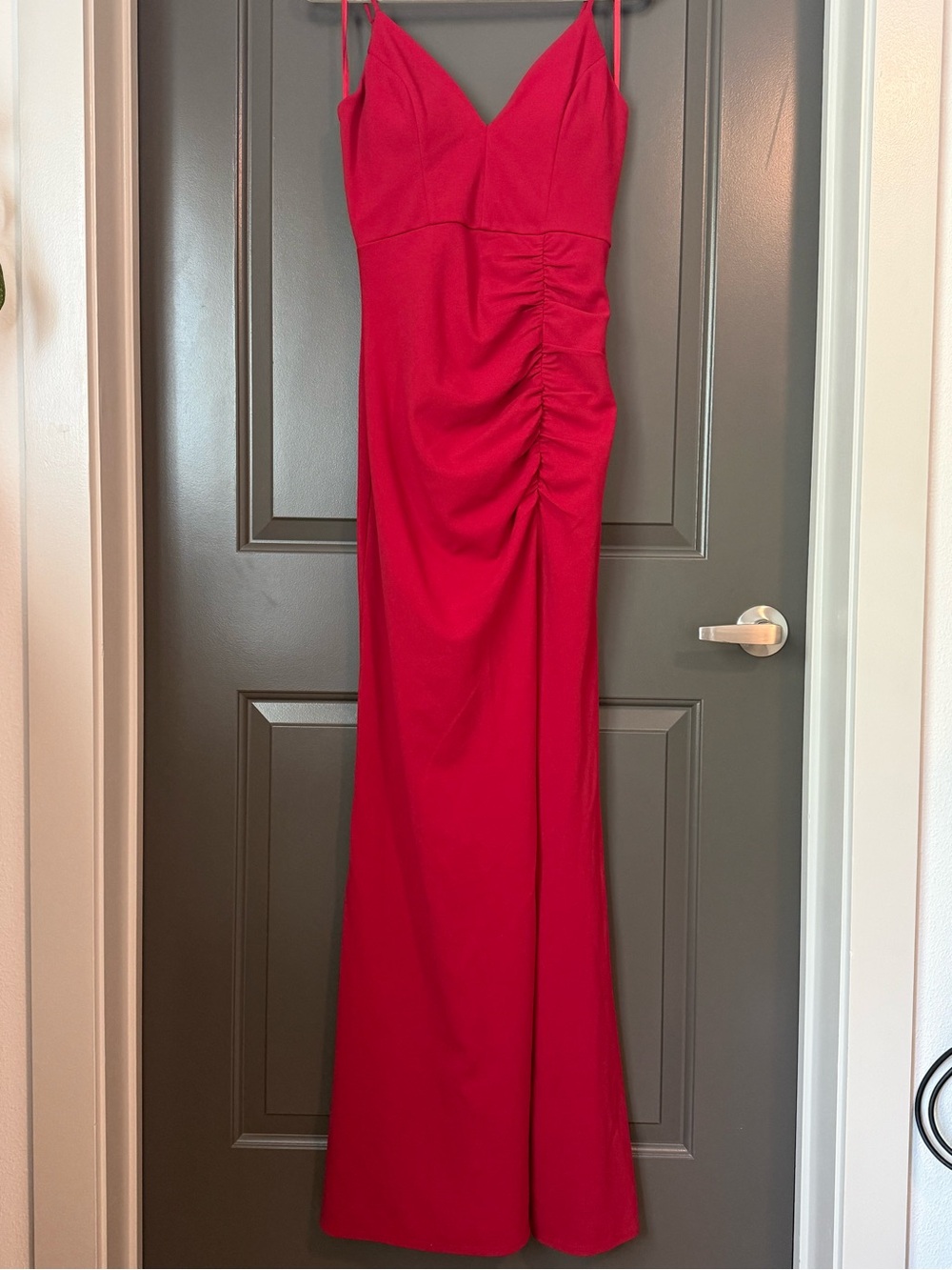 Emerald Sundae Red V-Neck Spaghetti Strap Dress Gown with Leg Slit - L